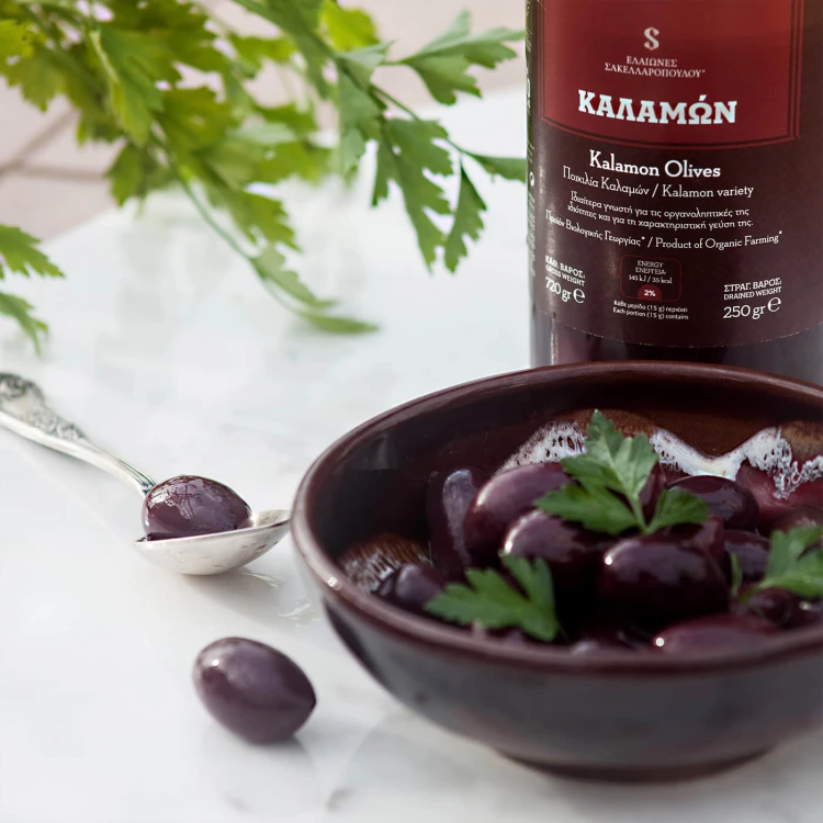 Sakellaropoulos oliwki Kalamata marynowane w oliwie extra virgin niepasteryzowane premium 250 g BIO – zdjęcie 3