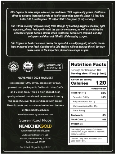 Nemechek Gold oliwa extra virgin Olio Organic 750ml BIO – zdjęcie 2