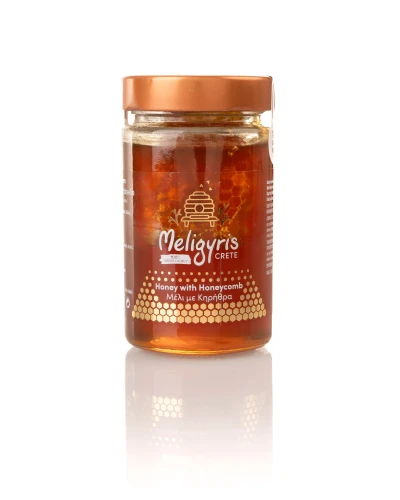 Meligyris miód z Krety z kawałkiem plastra miodu 450g Wyprzedaż BB.10.2026