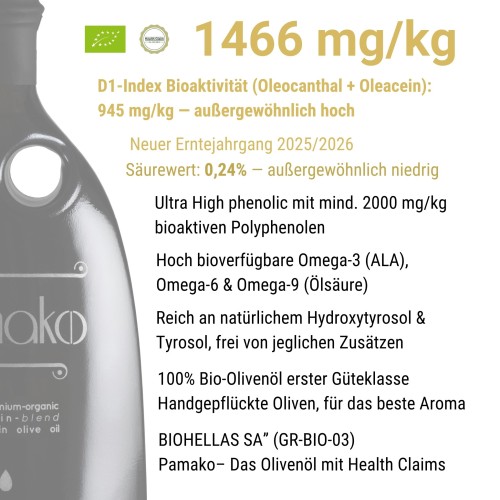Pamako oliwa wczesnego zbioru extra virgin ultra premium Blend Tsounati/Koroneiki 250ml BIO – zdjęcie 5