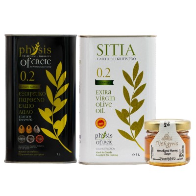 Physis of Crete — Duet z Sitii: Oliwa extra virgin 0.2 1L + oliwa 0.2 PDO Sitia 1L + miód leśny z szałwią 30g