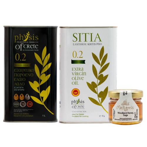 Physis of Crete — Duet z Sitii: Oliwa extra virgin 0.2 1L + oliwa 0.2 PDO Sitia 1L + miód leśny z szałwią 30g