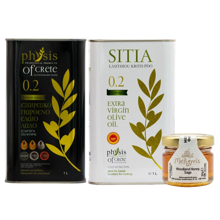 Physis of Crete — Duet z Sitii: Oliwa extra virgin 0.2 1L + oliwa 0.2 PDO Sitia 1L + miód leśny z szałwią 30g