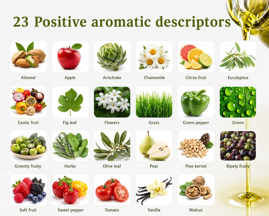 23 pozytywne deskryptory aromatyczne oliwy wg IOC