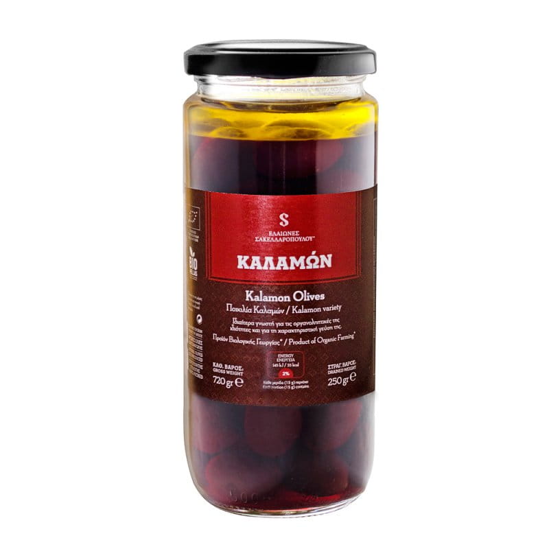 Sakellaropoulos oliwki Kalamata marynowane w oliwie extra virgin niepasteryzowane premium 250 g BIO